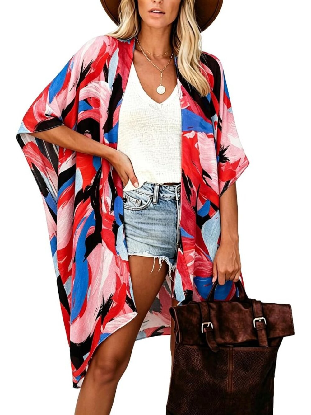 Women B Colorful Red 2 Viscose Summer Bikini Kimono Bathing And Swimwear CoverUp